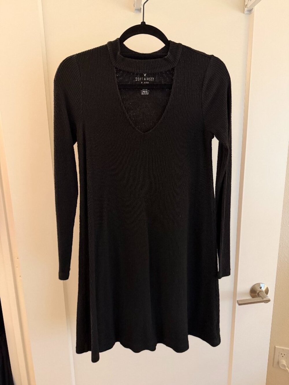 American Eagle Soft & Sexy Plush Black Ribbed Choker Mini Dress — Size M